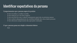 Identificar expectativas da persona
Comportamentos que a persona espera do produto
- O site irá indicar a melhor escolha
- O site indicará se é um bom negócio
- O site será fácil de usar e saberei exatamente quais são os próximos passos
- O site cuidará adequadamente da confidencialidade dos meus dados pessoais
- O site oferecerá comprovantes das operações realizadas
O que a persona pensa em relação a elementos básicos
- N/A
 