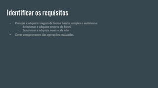Identificar os requisitos
- Planejar e adquirir viagem de forma barata, simples e autônoma:
- Selecionar e adquirir reserva de hotel;
- Selecionar e adquirir reserva de vôo.
- Gerar comprovantes das operações realizadas.
 