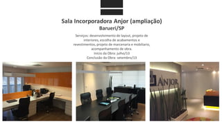 Sala Incorporadora Anjor (ampliação)
Barueri/SP
Serviços: desenvolvimento de layout, projeto de
interiores, escolha de acabamentos e
revestimentos, projeto de marcenaria e mobiliario,
acompanhamento de obra.
Início da Obra: julho/13
Conclusão da Obra: setembro/13
 