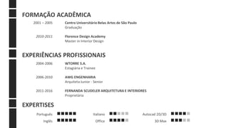 FORMAÇÃO ACADÊMICA
Centro Universitário Belas Artes de São Paulo
Graduação
Florence Design Academy
Master in Interior Design
2001 – 2005
2010-2011
EXPERIÊNCIAS PROFISSIONAIS
WTORRE S.A.
Estagiária e Trainee
AWG ENGENHARIA
Arquiteta Junior - Senior
FERNANDA SCUDELER ARQUITETURA E INTERIORES
Proprietária
2004-2006
2006-2010
2011-2016
EXPERTISES
Português
Inglês
Italiano
Office
Autocad 2D/3D
3D Max
 