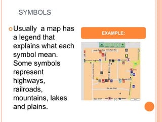 SYMBOLS

 Usually a map has
                      EXAMPLE:
 a legend that
 explains what each
 symbol mean.
 Some symbols
 represent
 highways,
 railroads,
 mountains, lakes
 and plains.
 
