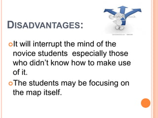 DISADVANTAGES:
Itwill interrupt the mind of the
 novice students especially those
 who didn’t know how to make use
 of it.
The students may be focusing on
 the map itself.
 