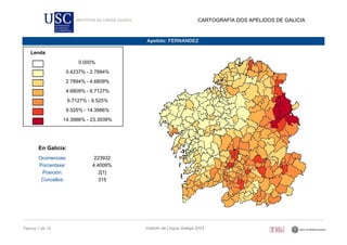 Lenda
0.000%
0.4237% - 2.7894%
2.7894% - 4.6809%
4.6809% - 6.7127%
6.7127% - 9.525%
9.525% - 14.3986%
14.3986% - 23.3939%
En Galicia:
Ocorrencias: 223932
Porcentaxe: 4.4008%
Posición: 2[1]
Concellos: 315
CARTOGRAFÍA DOS APELIDOS DE GALICIA
Apelido: FERNANDEZ
Páxina 1 de 10 Instituto da Lingua Galega 2023
 