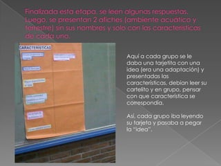 Aquí a cada grupo se le
daba una tarjetita con una
idea (era una adaptación) y
presentadas las
características, debían leer su
cartelito y en grupo, pensar
con que característica se
correspondía.
Así, cada grupo iba leyendo
su tarjeta y pasaba a pegar
la “idea”.
 