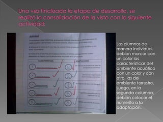 Los alumnos de
manera individual,
debían marcar con
un color las
características del
ambiente acuático
con un color y con
otro, las del
ambiente terrestre.
Luego, en la
segunda columna,
debían colocar el
numerito a la
adaptación.
 
