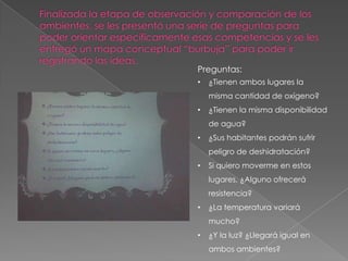 Preguntas:
• ¿Tienen ambos lugares la
misma cantidad de oxígeno?
• ¿Tienen la misma disponibilidad
de agua?
• ¿Sus habitantes podrán sufrir
peligro de deshidratación?
• Si quiero moverme en estos
lugares, ¿Alguno ofrecerá
resistencia?
• ¿La temperatura variará
mucho?
• ¿Y la luz? ¿Llegará igual en
ambos ambientes?
 