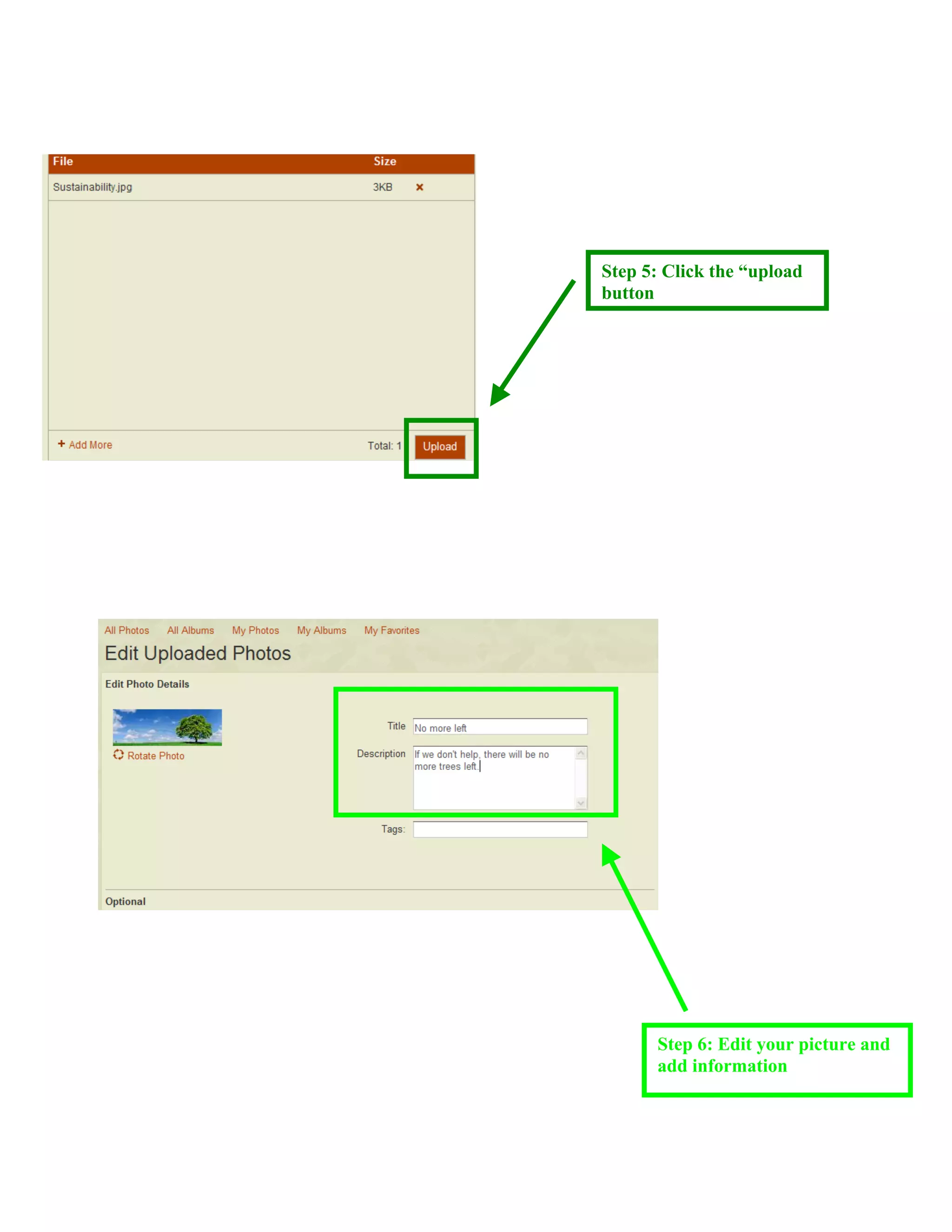 Step 5: Click the “upload
button




      Step 6: Edit your picture and
      add information
 