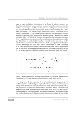 EduPsykhé. REVISTA DE PSICOLOGÍA Y PSICOPEDAGOGÍA
jugar un papel mediador o determinante de las demás. Es más, se considera que
dada la complejidad del comportamiento humano limitar las relaciones entre los
fenómenos psicológicos aludidos al clásico modelo ABC parece poco razonable,
por lo que no deben excluirse explicaciones alternativas (Kohlenberg et al., 1996,
1999; Kohlenberg y Tsai, 1994b). Según ese modelo cognitivo los eventos antece-
dentes o ambientales (A) no son los responsables de la conducta o emoción con-
secuente (C) sino que están determinados por las creencias o pensamientos (B) del
individuo (Ellis, 1977/1981). En términos generales, los diferentes modelos cogni-
tivos y cognitivo-conductuales coinciden en afirmar que las cogniciones son las
que determinan la conducta (observable) y emoción de las personas, y no las
características del ambiente. Por el contrario, desde la perspectiva analítico-fun-
cional (Kohlenberg y Tsai, 1991, 1994a, 1994b; Kohlenberg et al., 1996; Kohlenberg
et al., 1999), y desde otras perspectivas conductuales (Plaud, 2001), se argumenta
que las relaciones entre esos elementos pueden ser aún más complejas. En la figu-
ra 1 se recogen las cinco relaciones posibles que se proponen desde esta terapia.
Figura 1. Relaciones entre A (eventos antecedentes), B (creencias, pensamientos,
cogniciones) y C (consecuencia conductual o emocional) según la PAF.
La primera de las relaciones (I) es la tradicionalmente propuesta por el
modelo cognitivo-conductual para explicar la relación entre pensamiento/cogni-
ción y acción. Esta misma relación es analizada desde el modelo conductual de la
PAF asumiendo la distinción entre conducta moldeada por las contingencias y
gobernada por reglas propuesta por Skinner (1969/1979, 1974/1977). Las conduc-
tas moldeadas por contingencias son aquellas controladas por estímulos previos y
que son fortalecidas por el reforzamiento que obtienen, en contacto directo con las
Universidad Camilo José Cela208
A B C A
B
C
A C B
A
B
C
I IIIII
IV
A C
V
 