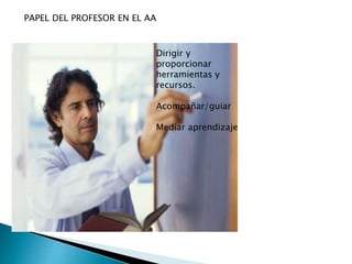 Dirigir y
proporcionar
herramientas y
recursos.
Acompañar/guiar
Mediar aprendizaje
PAPEL DEL PROFESOR EN EL AA
 