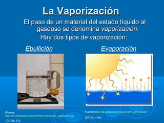 La Vaporización
               El paso de un material del estado líquido al
                    gaseoso se denomina vapori...