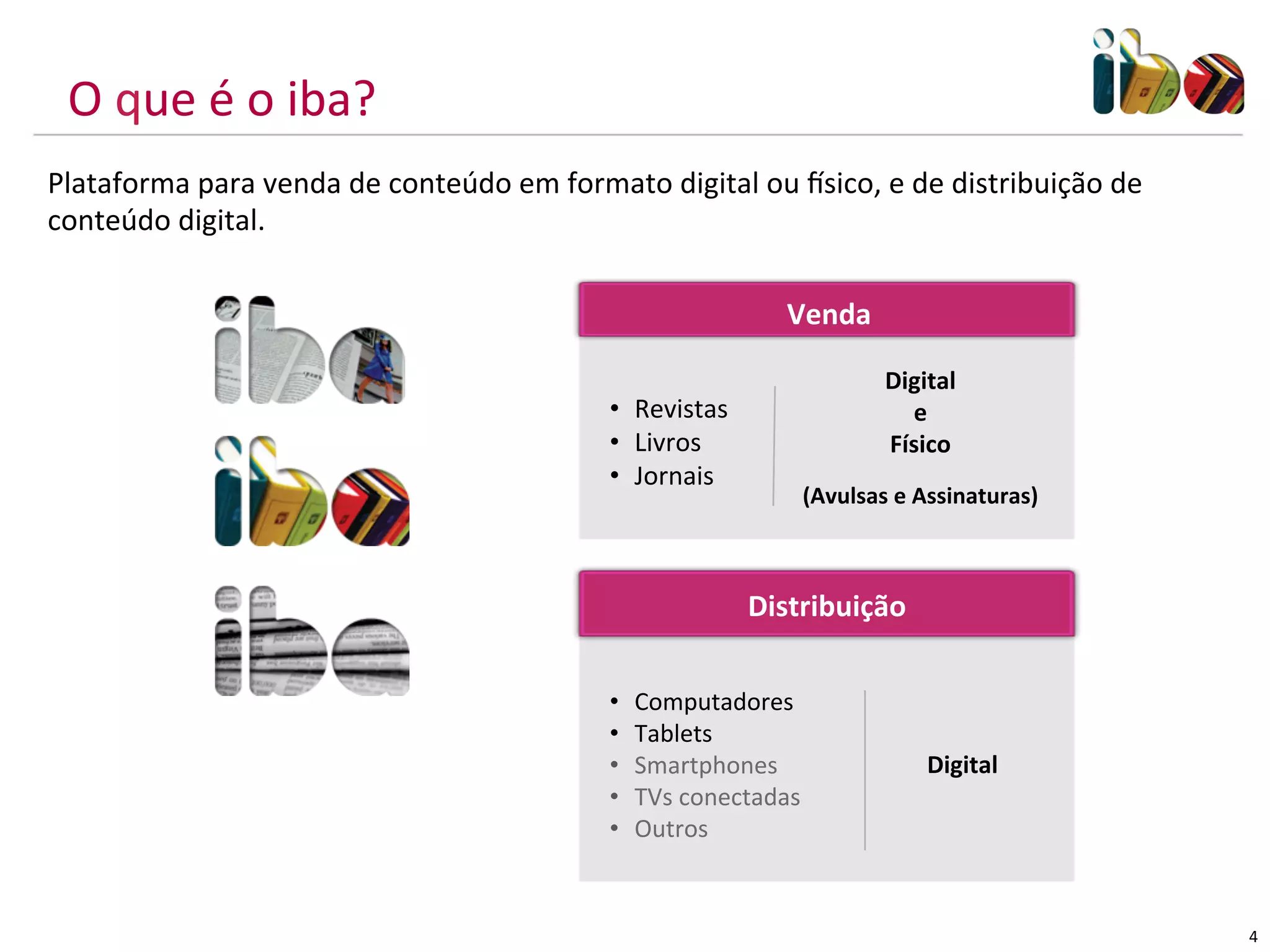 O	
  que	
  é	
  o	
  iba?	
  
Plataforma	
  para	
  venda	
  de	
  conteúdo	
  em	
  formato	
  digital	
  ou	
  _sico,	
  e	
  de	
  distribuição	
  de	
  
conteúdo	
  digital.	
  

                                                                                       Venda	
  

                                                                                                    Digital	
  
                                                                •  Revistas	
                         e	
  
                                                                •  Livros	
                         Físico	
  
                                                                •  Jornais	
                            	
  
                                                                                         (Avulsas	
  e	
  Assinaturas)	
  



                                                                                  Distribuição	
  

                                                                •    Computadores	
  
                                                                •    Tablets	
  
                                                                •    Smartphones	
                             Digital	
  
                                                                •    TVs	
  conectadas	
  
                                                                •    Outros	
  


                                                                                                                                 4	
  
 