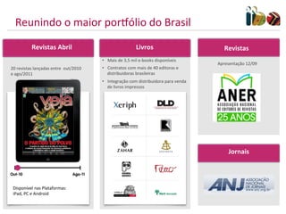 Reunindo	
  o	
  maior	
  porjólio	
  do	
  Brasil	
  
                Revistas	
  Abril	
                                                 Livros	
                                 Revistas	
  
                                                          •  Mais	
  de	
  3,5	
  mil	
  e-­‐books	
  disponíveis	
  
                                                                                                                         Apresentação	
  12/09	
  
20	
  revistas	
  lançadas	
  entre	
  	
  out/2010	
     •  Contratos	
  com	
  mais	
  de	
  40	
  editoras	
  e	
  
e	
  ago/2011	
                                              distribuidoras	
  brasileiras	
  
                                                          •  Integração	
  com	
  distribuidora	
  para	
  venda	
  
                                                             de	
  livros	
  impressos	
  




                                                                                                                               Jornais	
  




 Disponível	
  nas	
  Plataformas:	
  
 iPad,	
  PC	
  e	
  Android	
  
 