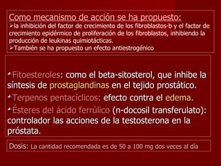 Fitoesteroles : como el beta-sitosterol, que inhibe la síntesis de  prostaglandinas  en el tejido prostático.  Terpenos pentacíclicos:  efecto contra el  edema .  Ésteres del ácido ferrúlico  (n-docosil transferulato): controlador las acciones de la testosterona en la próstata.  Como mecanismo de acción se ha propuesto: la inhibición del factor de crecimiento de los fibroblastos-b y el factor de crecimiento epidérmico de proliferación de los fibroblastos, inhibiendo la producción de leukinas quimiotácticas. También se ha propuesto un efecto antiestrogénico Dosis:  La cantidad recomendada es de 50 a 100 mg dos veces al día 