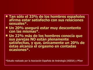 Tan sólo el 33% de los hombres españoles afirma estar satisfecho con sus relaciones sexuales*.  Un 20% aseguró estar muy descontento con las mismas*. Un 22% más de los hombres conocía que sus parejas NO están plenamente satisfechas, y que, únicamente un 20% de éstas alcanza el orgasmo en contadas ocasiones*. *Estudio realizado por la Asociación Española de Andrología (ASESA) y Pfizer 