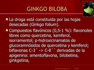 GINKGO BILOBA La droga está constituida por las hojas desecadas (Ginkgo folium). Compuestos flavónicos (0,5-1 %): flavonoles libres como quercetina, kemferol, isorramentol; p-hidroxicinamatos de glucoramnósidos de quercetina y kemferol; biflavonas C-3´ -> C-8´´ derivadas de la apigenina: amentoflavona, bilobetina, ginkgetina, Dr. J.Fernando Losa  CCSF 
