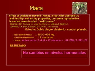 “  Effect of Lepidium meyenii (Maca), a root with aphrodisiac  and fertility- enhancing properties, on serum reproductive  hormone levels in adult  healthy men” Gonzales GF, Córdova A, Vega K, Chung A, Villena A, Góñez C JOURNAL OF ENDOCRINOLOGY 2003; 176:163-168 Estudio: Doble ciego- aleatorio- control placebo   Dosis administrada:  1.500-3.000 mg .   Duración tratamiento:  12  semanas   Control :  Antes inicio, 2, 4, 8 y 12 semana     LH, FSH, T, PRL, E2 RESULTADO No cambios en niveles hormonales Maca 