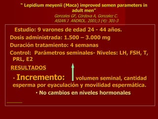 “  Lepidium meyenii (Maca) improved semen parameters in adult men”   Gonzales GF, Córdova A, Gonzalez C.   ASIAN J  ANDROL. 2001;3 (4): 301-3 Estudio: 9 varones de edad 24 - 44 años. Dosis administrada: 1.500 – 3.000 mg Duración tratamiento: 4 semanas Control:  Parámetros seminales- Niveles: LH, FSH, T, PRL, E2 RESULTADOS    Incremento:   volumen seminal, cantidad esperma por eyaculación y movilidad espermática.     No cambios en niveles hormonales 