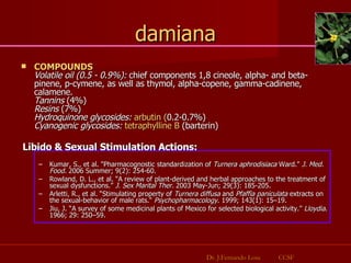 damiana COMPOUNDS Volatile oil (0.5 - 0.9%):  chief components 1,8 cineole, alpha- and beta-pinene, p-cymene, as well as thymol, alpha-copene, gamma-cadinene, calamene. Tannins  (4%) Resins  (7%) Hydroquinone glycosides:   arbutin ( 0.2-0.7%) Cyanogenic glycosides:   tetraphylline B  (barterin) Libido & Sexual Stimulation Actions:   Kumar, S., et al. "Pharmacognostic standardization of  Turnera aphrodisiaca  Ward."  J. Med. Food.  2006 Summer; 9(2): 254-60.  Rowland, D. L., et al. “A review of plant-derived and herbal approaches to the treatment of sexual dysfunctions.”  J. Sex Marital Ther.  2003 May-Jun; 29(3): 185-205.  Arletti, R., et al. “Stimulating property of  Turnera diffusa  and  Pfaffia paniculata  extracts on the sexual-behavior of male rats."  Psychopharmacology . 1999; 143(1): 15–19. Jiu, J. “A survey of some medicinal plants of Mexico for selected biological activity.”  Lloydia . 1966; 29: 250–59.  Dr. J.Fernando Losa  CCSF 