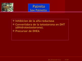 Palmito Saw Palmetto  Inhibicion de la alfa-reductasa Convertidora de la tetosterona en DHT (dihidrotestosterona). Precursor de DHEA Dr. J.Fernando Losa  CCSF 