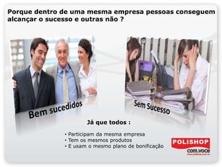 Porque dentro de uma mesma empresa pessoas conseguem
alcançar o sucesso e outras não ?
Já que todos :
• Participam da mesma empresa
• Tem os mesmos produtos
• E usam o mesmo plano de bonificação
 
