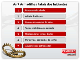 As 7 Armadilhas Fatais dos Iniciantes
1 Reinventando a Roda
2 Atitude displicente
3 Colocar-se no centro do palco
4 Tomar rejeições como pessoais
5 Negligenciar as vendas diretas
6 Dar ouvidos aos ladrões de sonhos
7 Abusar do seu patrocinador
 