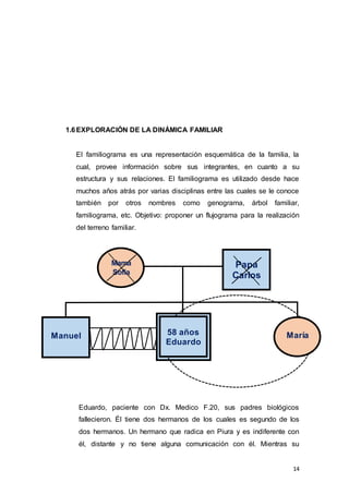 14
1.6EXPLORACIÓN DE LA DINÁMICA FAMILIAR
El familiograma es una representación esquemática de la familia, la
cual, provee información sobre sus integrantes, en cuanto a su
estructura y sus relaciones. El familiograma es utilizado desde hace
muchos años atrás por varias disciplinas entre las cuales se le conoce
también por otros nombres como genograma, árbol familiar,
familiograma, etc. Objetivo: proponer un flujograma para la realización
del terreno familiar.
Eduardo, paciente con Dx. Medico F.20, sus padres biológicos
fallecieron. Él tiene dos hermanos de los cuales es segundo de los
dos hermanos. Un hermano que radica en Piura y es indiferente con
él, distante y no tiene alguna comunicación con él. Mientras su
María
Mamá
Sofía
Papa
Carlos
58 años
Eduardo
Manuel
 