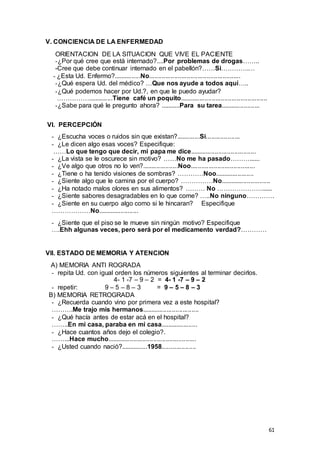 61
V. CONCIENCIA DE LA ENFERMEDAD
ORIENTACION DE LA SITUACION QUE VIVE EL PACIENTE
-¿Por qué cree que está internado?....Por problemas de drogas……..
-Cree que debe continuar internado en el pabellón?……Si………….…
- ¿Esta Ud. Enfermo?...............No...................................................
-¿Qué espera Ud. del médico? …Que nos ayude a todos aquí…..
-¿Qué podemos hacer por Ud.?, en que le puedo ayudar?
……………..............Tiene café un poquito.................................................
-¿Sabe para qué le pregunto ahora? ...........Para su tarea......................
VI. PERCEPCIÓN
- ¿Escucha voces o ruidos sin que existan?.............Si...................
- ¿Le dicen algo esas voces? Especifique:
……Lo que tengo que decir, mi papa me dice.....................................
- ¿La vista se le oscurece sin motivo? ……No me ha pasado………......
- ¿Ve algo que otros no lo ven?....................Noo....................................
- ¿Tiene o ha tenido visiones de sombras? …………Noo......................
- ¿Siente algo que le camina por el cuerpo? ……………No............................
- ¿Ha notado malos olores en sus alimentos? ……… No …………………......
- ¿Siente sabores desagradables en lo que come? …..No ninguno………….
- ¿Siente en su cuerpo algo como si le hincaran? Especifique
………………No.......................
- ¿Siente que el piso se le mueve sin ningún motivo? Especifique
….Ehh algunas veces, pero será por el medicamento verdad?…………
VII. ESTADO DE MEMORIA Y ATENCION
A) MEMORIA ANTI ROGRADA
- repita Ud. con igual orden los números siguientes al terminar decirlos.
4- 1 -7 – 9 – 2 = 4- 1 -7 – 9 – 2
- repetir: 9 – 5 – 8 – 3 = 9 – 5 – 8 – 3
B) MEMORIA RETROGRADA
- ¿Recuerda cuando vino por primera vez a este hospital?
……….Me trajo mis hermanos................................
- ¿Qué hacía antes de estar acá en el hospital?
……..En mi casa, paraba en mi casa.....................
- ¿Hace cuantos años dejo el colegio?.
……...Hace mucho..................................................
- ¿Usted cuando nació?...............1958...................
 