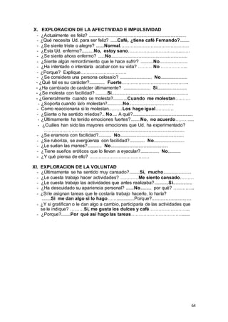 64
X. EXPLORACION DE LA AFECTIVIDAD E IMPULSIVIDAD
- ¿Actualmente es feliz? .............................................................................
- ¿Qué necesita Ud. para ser feliz? ......Café, ¿tiene café Fernando?........
- ¿Se siente triste o alegre? .......Normal………………………………………
- ¿Esta Ud. enfermo?..........No, estoy sano……………………………..……
- ¿Se siente ahora enfermo? ......No............................................................
- ¿Siente algún remordimiento que le hace sufrir? ...........No......................
- ¿Ha intentado o intentaría acabar con su vida? ……… No ……………...
- ¿Porque? Explique…………………………
- ¿Se considera una persona celosa/o? .......................... No......................
- ¿Qué tal es su carácter?............. Fuerte……………………………………..
- ¿Ha cambiado de carácter últimamente? ...................... Si........................
- ¿Se molesta con facilidad? ..........Si............................................................
- ¿Generalmente cuando se molesta?............Cuando me molestan….……
- ¿Soporta cuando la/o molestan?.............No...................................
- Como reaccionaria si lo molestan………Los hago igual…………
- ¿Siente o ha sentido miedos?.. No.... A qué?................................................
- ¿Últimamente ha tenido emociones fuertes?........No, no acuerdo………....
- ¿Cuáles han sido las mayores emociones que Ud. ha experimentado?
…………………………...........................................................................
- ¿Se enamora con facilidad?........... No...................................................
- ¿Se ruboriza, se avergüenza con facilidad?............. No.........................
- ¿Le sudan las manos?............ No..............................................
- ¿Tiene sueños eróticos que lo llevan a eyacular?............... No...........
- ¿Y qué piensa de ello? …………………………………
XI. EXPLORACION DE LA VOLUNTAD
- ¿Últimamente se ha sentido muy cansado?.........Si, mucho.......................
- ¿Le cuesta trabajo hacer actividades? …………Me siento cansado………
- ¿Le cuesta trabajo las actividades que antes realizaba?............Si...............
- ¿Ha descuidado su apariencia personal? .......No......... por qué? …………..
- ¿Si le asignan tareas que le costaría trabajo hacerlo, lo haría?
........Si me dan algo si lo hago……...............Porque?...............................
- ¿Y si gratifican o le dan algo a cambio, participaría de las actividades que
se le indique? ………Si, me gusta los dulces y café……………………...
- ¿Porque?........Por qué así hago las tareas…………………………….......
 