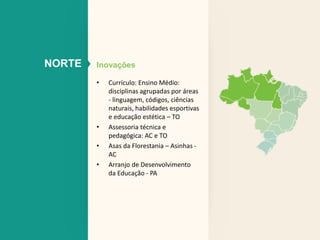 NORTE Inovações 
• Currículo: Ensino Médio: 
disciplinas agrupadas por áreas 
- linguagem, códigos, ciências 
naturais, habilidades esportivas 
e educação estética – TO 
• Assessoria técnica e 
pedagógica: AC e TO 
• Asas da Florestania – Asinhas - 
AC 
• Arranjo de Desenvolvimento 
da Educação - PA 
 