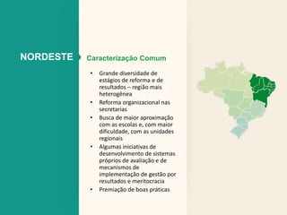 NORDESTE Caracterização Comum 
• Grande diversidade de 
estágios de reforma e de 
resultados – região mais 
heterogênea 
• Reforma organizacional nas 
secretarias 
• Busca de maior aproximação 
com as escolas e, com maior 
dificuldade, com as unidades 
regionais 
• Algumas iniciativas de 
desenvolvimento de sistemas 
próprios de avaliação e de 
mecanismos de 
implementação de gestão por 
resultados e meritocracia 
• Premiação de boas práticas 
 
