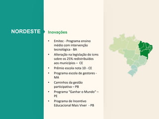 NORDESTE Inovações 
• Emitec - Programa ensino 
médio com intervenção 
tecnológica - BA 
• Alteração na legislação do icms 
sobre os 25% redistribuídos 
aos municípios – CE 
• Prêmio escola nota 10 - CE 
• Programa escola de gestores - 
MA 
• Caminhos da gestão 
participativa – PB 
• Programa “Ganhar o Mundo“ – 
PE 
• Programa de Incentivo 
Educacional Mais Viver - PB 
 