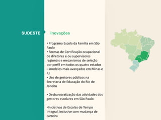 • Programa Escola da Família em São 
Paulo 
• Formas de Certificação ocupacional 
de diretores e ou supervisores 
regionais e mecanismos de seleção 
por perfil em todos os quatro estados 
– modelos mais avançados em Minas e 
RJ 
• Uso de gestores públicos na 
Secretaria de Educação do Rio de 
Janeiro 
• Desburocratização das atividades dos 
gestores escolares em São Paulo 
•Iniciativas de Escolas de Tempo 
Integral, inclusive com mudança de 
carreira 
SUDESTE Inovações 
 
