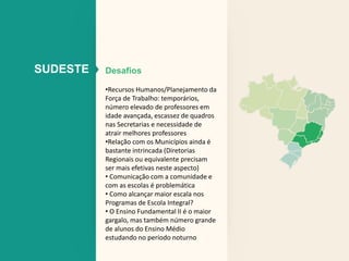 SUDESTE Desafios 
•Recursos Humanos/Planejamento da 
Força de Trabalho: temporários, 
número elevado de professores em 
idade avançada, escassez de quadros 
nas Secretarias e necessidade de 
atrair melhores professores 
•Relação com os Municípios ainda é 
bastante intrincada (Diretorias 
Regionais ou equivalente precisam 
ser mais efetivas neste aspecto) 
• Comunicação com a comunidade e 
com as escolas é problemática 
• Como alcançar maior escala nos 
Programas de Escola Integral? 
• O Ensino Fundamental II é o maior 
gargalo, mas também número grande 
de alunos do Ensino Médio 
estudando no período noturno 
 