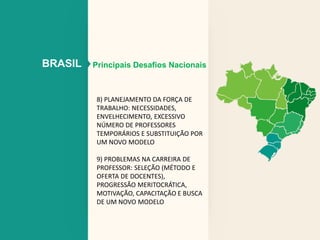 BRASIL 
Principais Desafios Nacionais 
8) PLANEJAMENTO DA FORÇA DE 
TRABALHO: NECESSIDADES, 
ENVELHECIMENTO, EXCESSIVO 
NÚMERO DE PROFESSORES 
TEMPORÁRIOS E SUBSTITUIÇÃO POR 
UM NOVO MODELO 
9) PROBLEMAS NA CARREIRA DE 
PROFESSOR: SELEÇÃO (MÉTODO E 
OFERTA DE DOCENTES), 
PROGRESSÃO MERITOCRÁTICA, 
MOTIVAÇÃO, CAPACITAÇÃO E BUSCA 
DE UM NOVO MODELO 
 