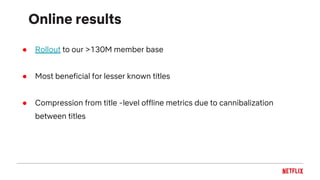 Online results
● Rollout to our >130M member base
● Most beneficial for lesser known titles
● Compression from title -level offline metrics due to cannibalization
between titles
 