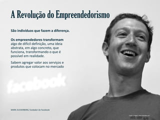A Revolução do Empreendedorismo
São indivíduos que fazem a diferença.
Os empreendedores transformam
algo de difícil definição, uma ideia
abstrata, em algo concreto, que
funciona, transformando o que é
possível em realidade.
Sabem agregar valor aos serviços e
produtos que colocam no mercado

MARK ZUCKERBERG, fundador do Facebook
Gestão e Planejamento Estratégico para Escritórios de Advocacia

Crédito imagem: www.mashable.com

 