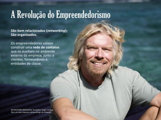 A Revolução do Empreendedorismo
São bem relacionados (networking);
São organizados.
Os empreendedores sabem
construir uma rede de contatos
que os auxiliam no ambiente
externo da empresa, junto a
clientes, fornecedores e
entidades de classe.

SIR RICHARD BRANSON, fundador Virgin Group.
Tem um dos maiores networkings do linkedin.
Gestão e Planejamento Estratégico para Escritórios de Advocacia

 