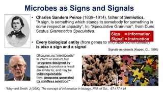 • Charles Sanders Peirce (1839–1914), father of Semiotics.
"A sign, is something which stands to somebody for something in
some respect or capacity“. In: “Speculative Grammar”, from Duns
Scotus Grammatica Speculativa.
• Every biological entity (from genes to microbial communities)
is also a sign and a signal
Microbes as Signs and Signals
Sign = Information
Signal = Instruction
Informative
surfaces
Signals-as-objects (Kopec, G., 1980)
Of course, no “intentionality”
to inform or instruct, but
“programs designed by
humans to produce a result
are similar to, and may be
indistinguishable
from, programs generated
by mindless selection”*
*Maynard Smith. J (2000) The concept of information in biology. Phil. of Sci., 67:177-194
 