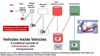 Gene
Gene
capture
platform
Mobile
genetic
element
Bacterial
clone
Host
(patient, carrier) Environment
Baquero et al., Public Health Evolutionary Biology of Antibiotic Resistance. Evolutionary Applications, 2015; Baez, del
Campo, Baquero et al. Microb Drug Resist. 2015 (about Franklin Gulls)
Vehicles inside Vehicles
A multilevel cascade of
transmissions and
introgressions
Biological entities are both
Occupants and Vehicles
 