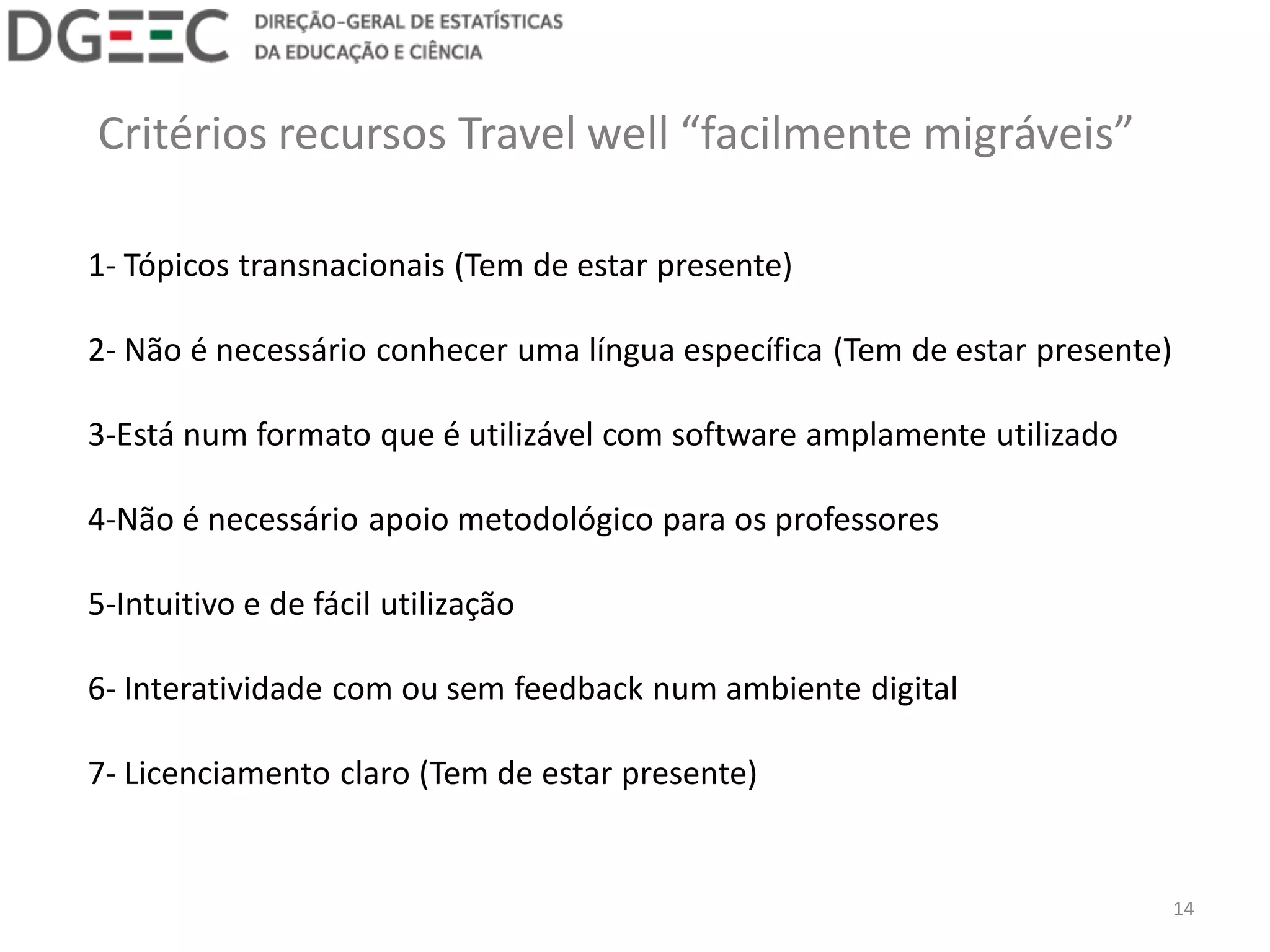 14 
Critérios recursos Travel well “facilmente migráveis” 
1- Tópicos transnacionais (Tem de estar presente) 
2- Não é necessário conhecer uma língua específica (Tem de estar presente) 
3-Está num formato que é utilizável com software amplamente utilizado 
4-Não é necessário apoio metodológico para os professores 
5-Intuitivo e de fácil utilização 
6- Interatividade com ou sem feedback num ambiente digital 
7- Licenciamento claro (Tem de estar presente)  