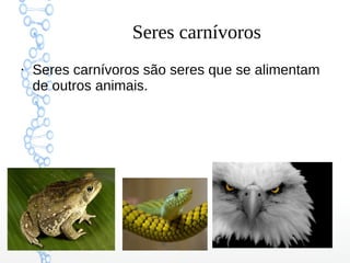 Seres carnívoros
●
Seres carnívoros são seres que se alimentam
de outros animais.
 