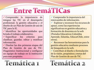 Entre TemáTICas Comprender la importancia de integrar las TIC en el desempeño profesional, la gestión educativa y el diseño de un Plan de Gestión de uso de TIC para la IE. 