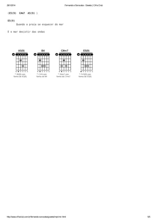 29/1/2014

Fernando e Sorocaba - Gaveta | Cifra Club

(E5(9)

C#m7

A5(9) )

E5(9)
Quando a praia se esquecer do mar
E o mar desistir das ondas

A5(9)

* B5(9) com
forma de A 5(9)

B4

* C #4 com
forma de B4

C#m7

* E bm7 com
forma de C #m7

http://www.cifraclub.com.br/fernando-sorocaba/gaveta/imprimir.html

E5(9)

* F #5(9) com
forma de E 5(9)

5/5

 