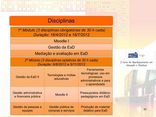 Disciplinas
   1º Módulo (3 disciplinas obrigatórias de 30 h cada)
           Duração: 16/4/2012 a 16/7/2012
                            Moodle I
                        Gestão da EaD
               Mediação e avaliação em EaD
        2º Módulo (3 disciplinas optativas de 30 h cada)
               Duração: 6/8/2012 a 5/11/2012
                                                   Ferramentas
                                               tecnológicas: uso em
                        Tecnologias e mídias
  Gestão da EaD II                                  processos
                            educativas
                                               administrativos e para
                                                  o aprendizado

Gestão administrativa                          Pressupostos didático-
                             Moodle II
 e financeira pública                          pedagógicos em EaD


Gestão de pessoas e      Gestão pública de     Produção de material
      equipes           compras e serviços      didático para EaD       31
 