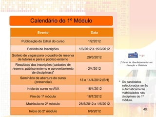 Calendário do 1º Módulo
                Evento                             Data

      Publicação do Edital do curso              1/2/2012

          Período de Inscrições             1/3/2012 a 15/3/2012
Sorteio de vagas para o quadro de reserva
                                                 29/3/2012
    de tutores e para o público externo
  Resultado das inscrições (cadastro de
reserva, público externo e aproveitamento        2/4/2012
              de disciplinas)*
     Seminário de abertura do curso
                                            13 e 14/4/2012 (BH)
              (presencial)                                         * Os candidatos
                                                                     selecionados serão
         Início do curso no AVA                  16/4/2012           automaticamente
                                                                     matriculados nas
            Fim do 1º módulo                     16/7/2012           disciplinas do 1º
                                                                     módulo.
         Matrícula no 2º módulo             28/5/2012 a 1/6/2012
                                                                                   40
           Início do 2º módulo                   6/8/2012
 