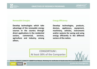 OBJECTIVES OF RESEARCH PROGRAMS




    Renewable Energies                                            Energy Efficiency

    Develop technologies which take                               Develop technologies, products,
    advantage of the renewable energy                             devices, appliances, equipment,
    sources in the country through                                machinery, vehicles, instruments
    direct applications in the residential                        and/or systems for saving and using
    sectors,    commercial,      services,                        energy efficiently in the different
    agriculture and industry, among                               sectors of the nation.
    others.




                                        CONSORTIUM :
                                At least 30% of the Companies

Source: CONACYT, CONACYT- SENER Fund Release, Workshop for clarification of doubts about the sustainability fund.
 