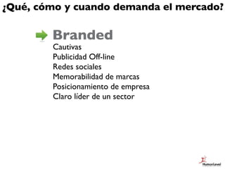 ¿Qué, cómo y cuando demanda el mercado?

        Branded
        Cautivas
        Publicidad Off-line
        Redes social...