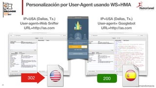 @fernandomacia
Personalización por User-Agent usando WS+HMA
25
User-agent=Web Sniffer User-agent= Googlebot
IP=USA (Dallas...