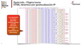 @fernandomacia
Spain.info - Página home
HTML dinámico por geolocalización IP
35
Los elementos
de enlace
alternate/
hreﬂang...