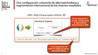 @fernandomacia
Una configuración coherente de alternate/hreflang y
segmentación internacional da los mejores resultados
41...